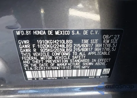 2024 Honda Hr-V 2Wd Ex-L/2Wd Ex-L W/O Bsi from USA, damaged, VIN 3CZRZ1H76RM719102
